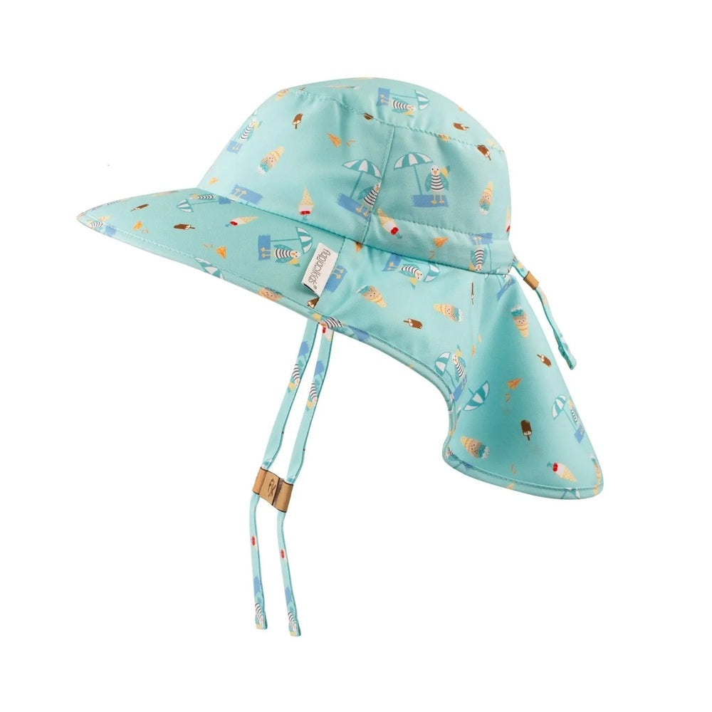 Flapjackkids kids sun hat with neck cape in teal seaside print, showing chin ties securing under the chin.