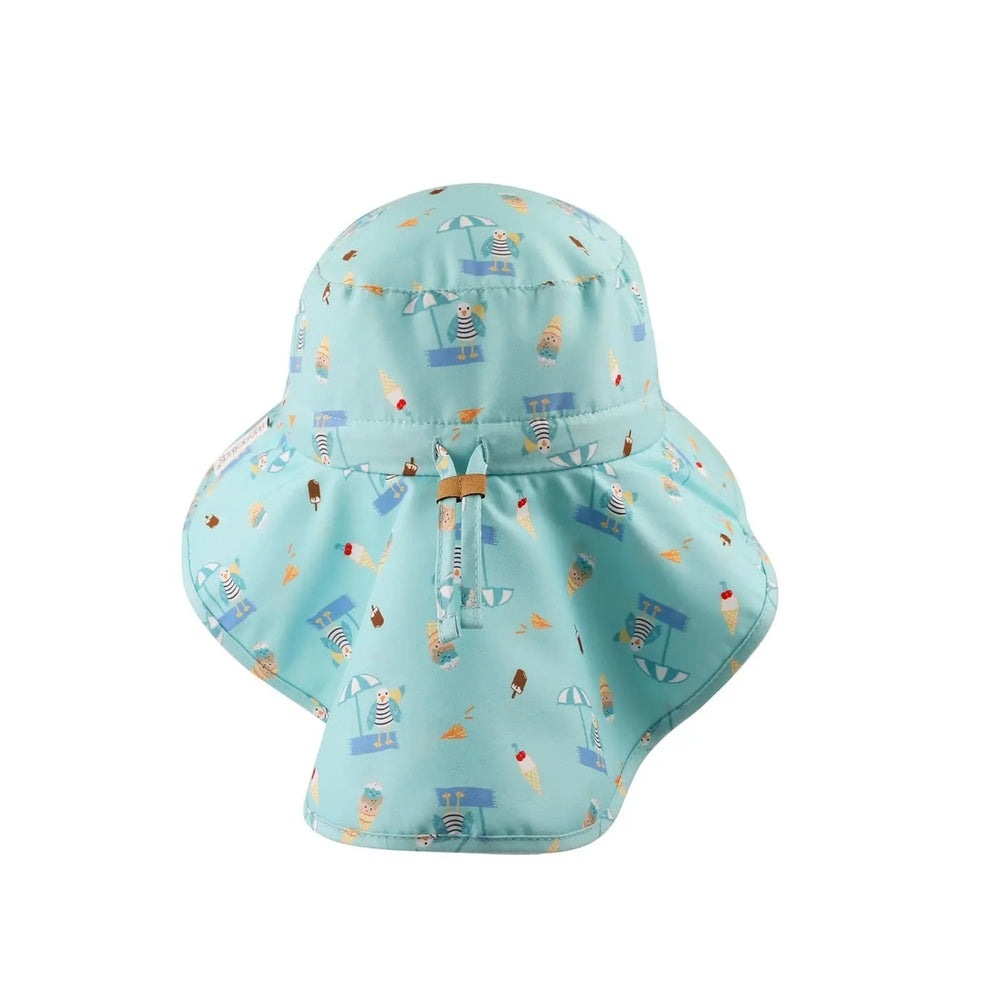 Flapjackkids Kids Sun Hat With Neck Cape Seaside turquoise hat shown with neck flap and playful beach pattern.