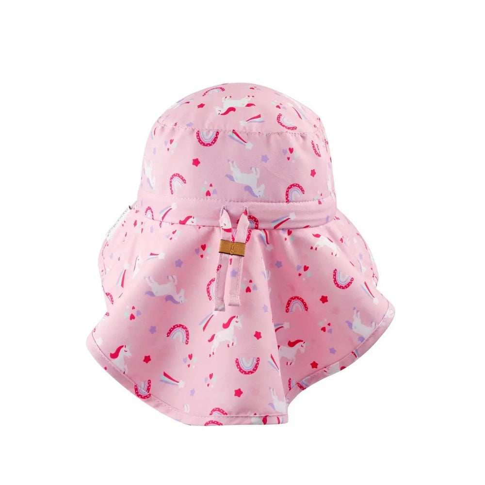 Flapjackkids Kids Sun Hat With Neck Cape Unicorn in pink, featuring attached neck cape for sun protection.