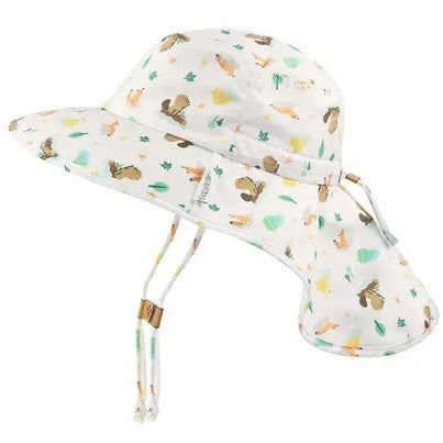 Flapjackkids Kids Sun Hat With Neck Cape Beaver in white fabric with beaver print, adjustable chin straps tied under the cape.