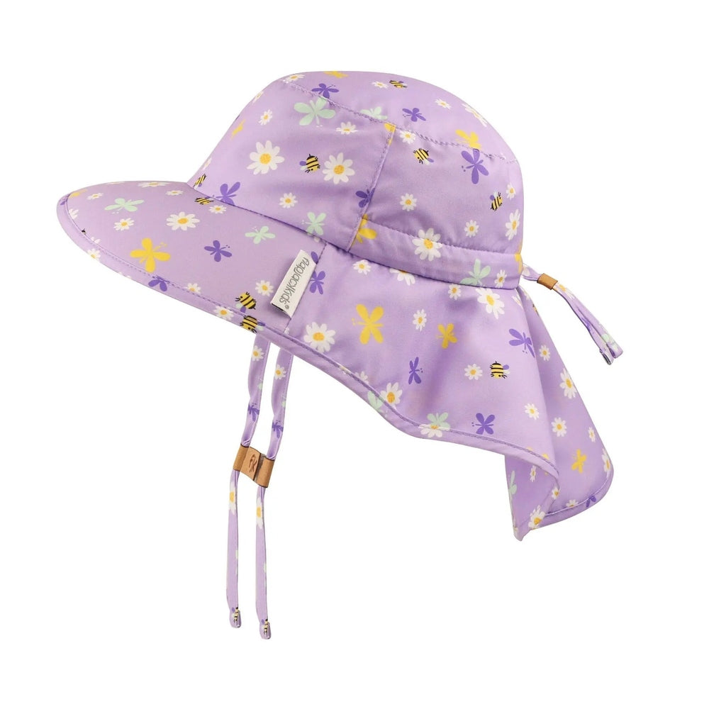 Flapjackkids Kids Sun Hat With Neck Cape Daisy in lavender, ties under chin.