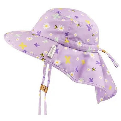 Flapjackkids Kids Sun Hat With Neck Cape Daisy, lavender with daisies; adjustable chin straps hang and cape drapes.