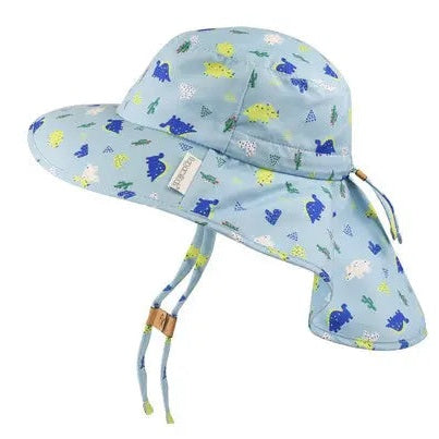 Flapjackkids Kids Sun Hat with Neck Cape Dinosaur in light blue; adjustable chin strap secures under brim.