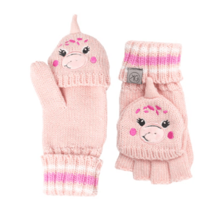 Flapjackkids Knitted Fingerless Gloves W/Flap Dino Pink; pair of pink gloves with striped cuffs and a foldable mitten flap visible.