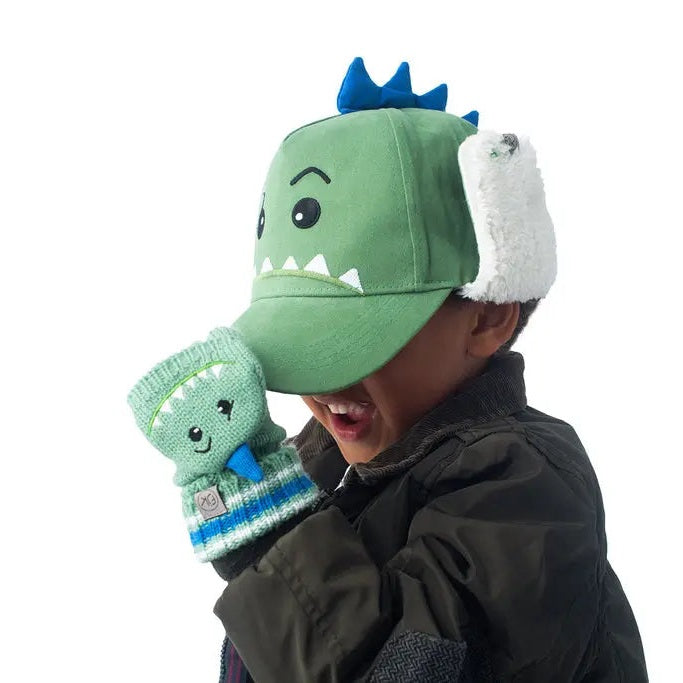 Flapjackkids Knitted Fingerless Gloves with Flap Dinosaur; green gloves with blue-striped cuff worn by a child.