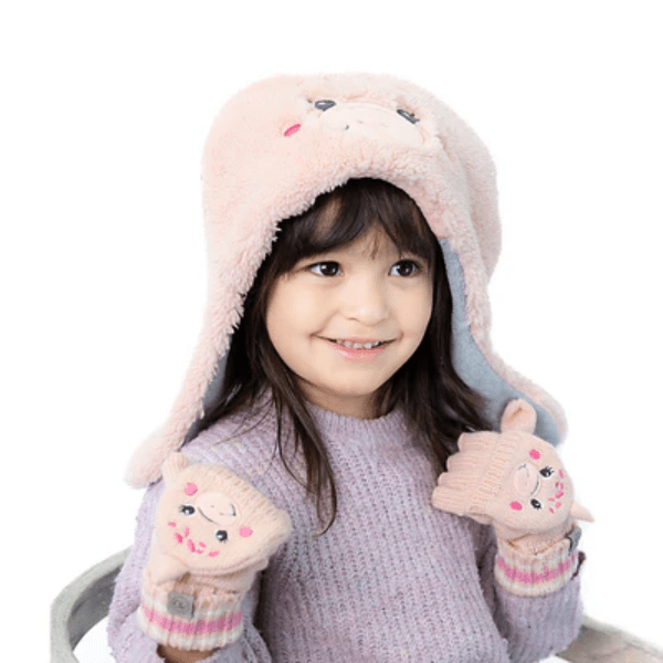 Flapjackkids Knitted Fingerless Gloves W/Flap Dino Pink on a smiling child, showing cozy pink mittens.
