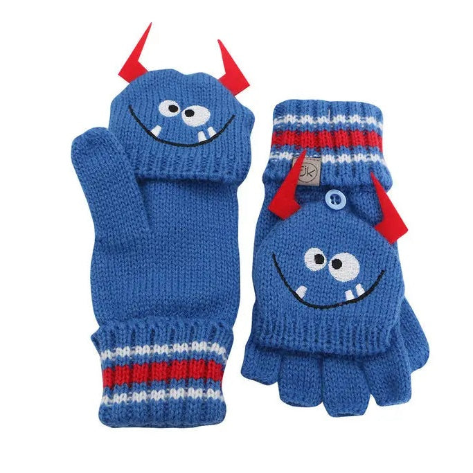 Flapjackkids Knitted Fingerless Gloves with Flap Monster, blue knit with red