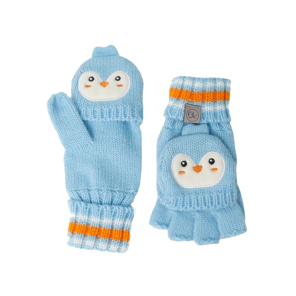 Flapjackkids Knitted Fingerless Gloves with Penguin Flap in light blue, striped cuffs, penguin face visible