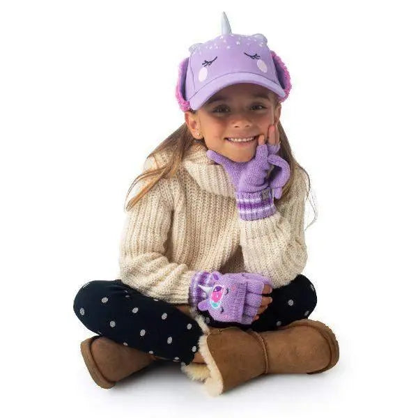 FLAPJACKKIDS Knitted Fingerless Gloves W/Flap Unicorn worn by a smiling child in a cream sweater and purple gloves.