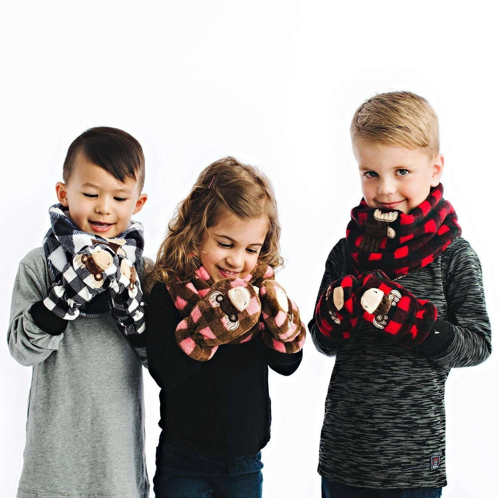 Flapjackkids reversible kids neck warmers set of 3 in black/white, pink/brown, and red/black plaids with moose/beaver embroidery