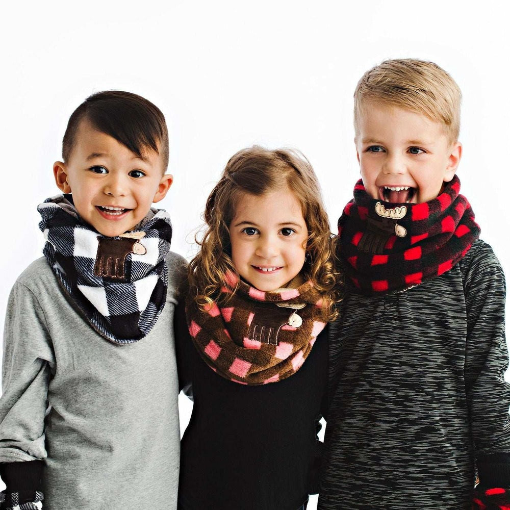 Flapjackkids reversible kids neck warmers set of 3 in red plaid, brown pink, and black white plaids