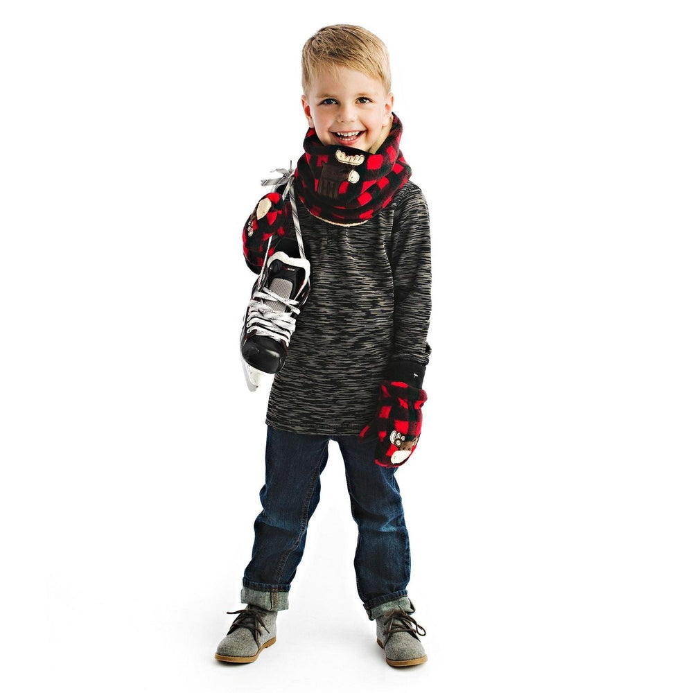 Flapjackkids reversible neck warmer in red plaid Moose & Beaver design, worn by a smiling child