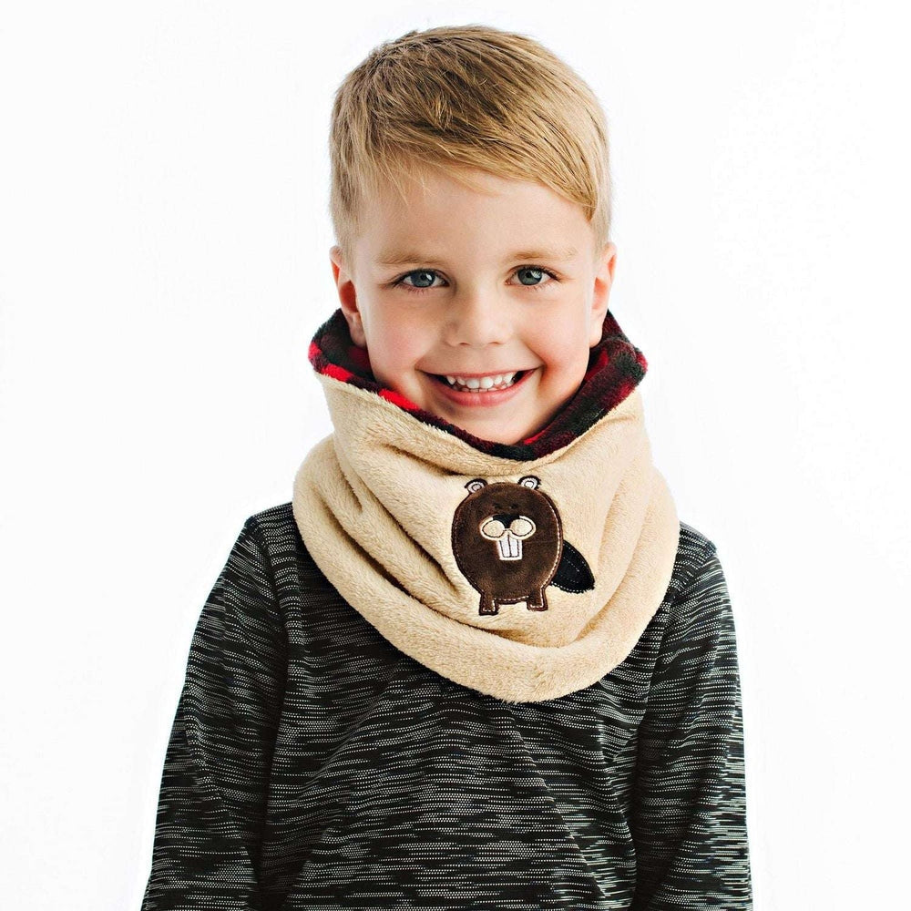 Flapjackkids reversible neck warmer in beige fleece with red plaid interior and brown moose patch