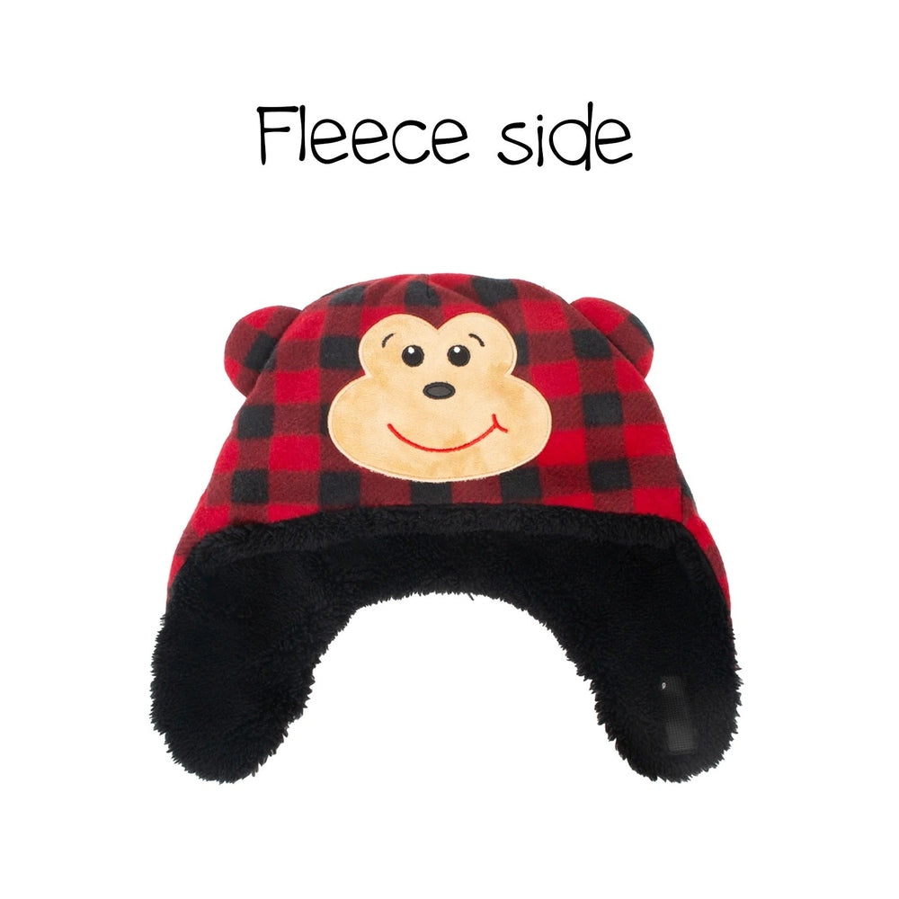 Flapjackkids sherpa hat; red plaid exterior, black lining, monkey face applique