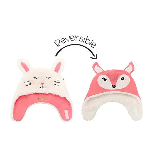 Flapjackkids Reversible Kids Sherpa Hat Bunny & Deer, pink/white, showing bunny on one side and deer on the other.