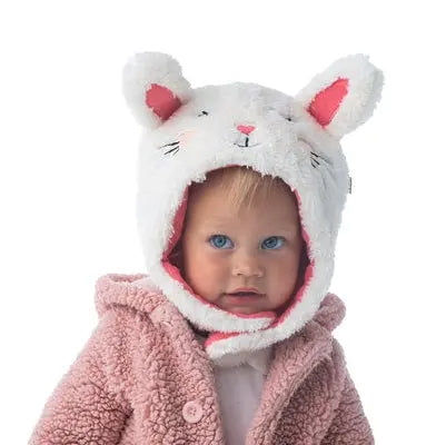 Flapjackkids Reversible Kids Sherpa Hat Bunny & Deer, white with pink ears, toddler wearing fluffy bunny-ear hat.