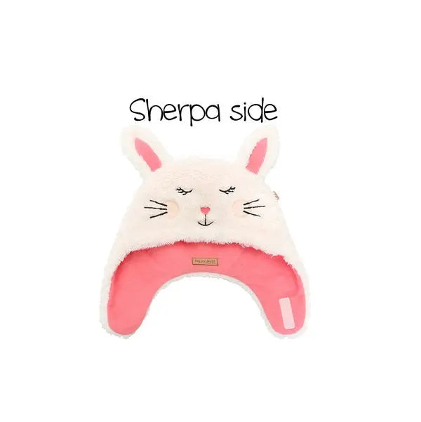 FLAPJACKKIDS Reversible Kids Sherpa Hat Bunny & Deer, white plush exterior with pink interior, ears upright.