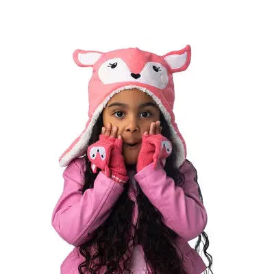 Flapjackkids Reversible Kids Sherpa Hat Bunny & Deer, pink ear-flap hat worn by girl, showing dual animal design.