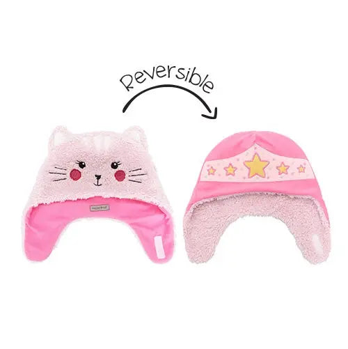 Flapjackkids Reversible Kids Sherpa Hat Cat & Superhero, pink with cat face on one side and star crown on the reverse.