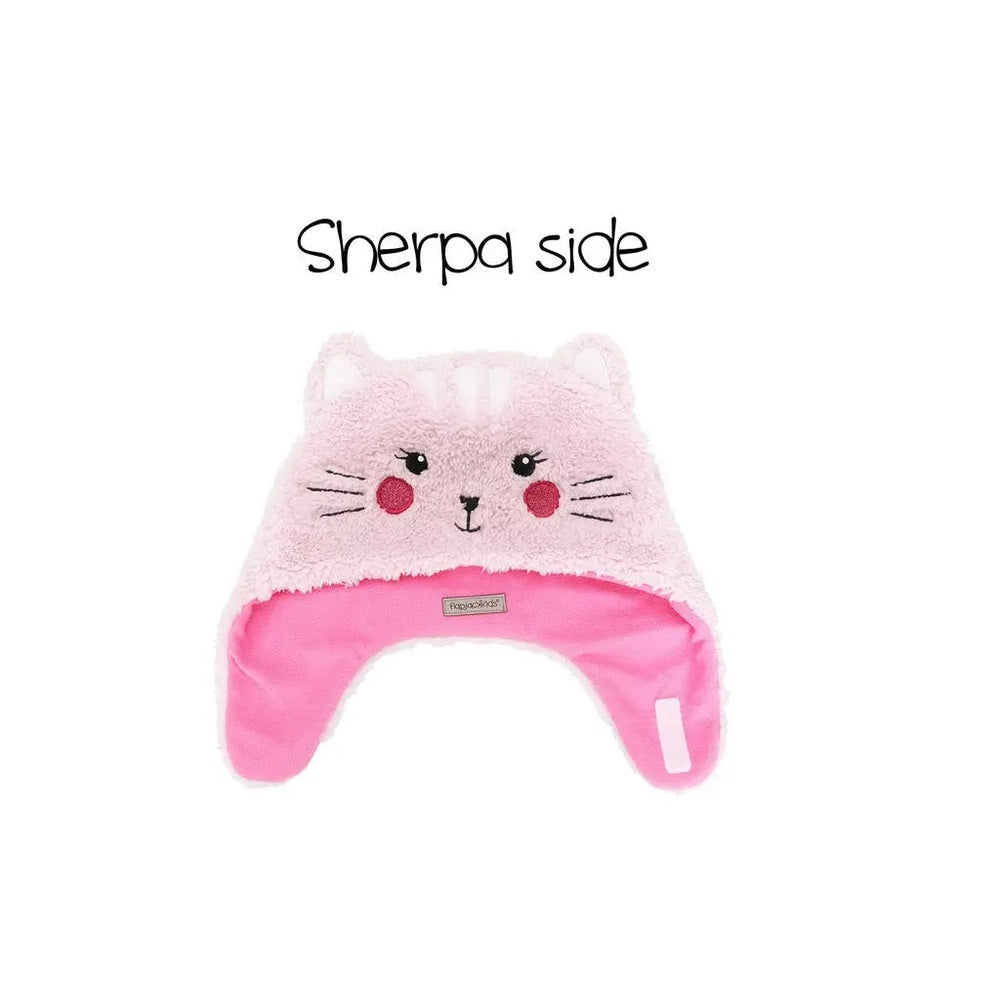 Flapjackkids Reversible Kids Sherpa Hat Cat & Superhero, pink plush with cat-face design and cozy ear-flap sides.
