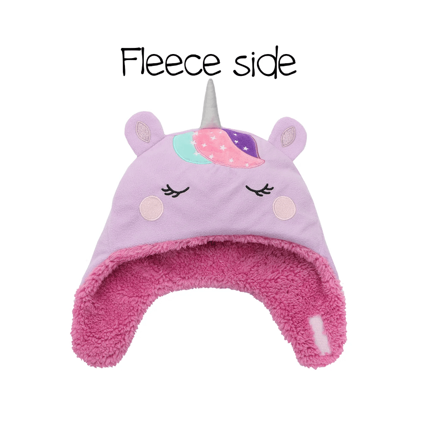 Flapjackkids reversible sherpa hat unicorn narwhal, lavender exterior with pink lining