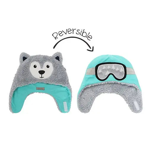 Flapjackkids Reversible Kids Sherpa Hat Wolf & Ski Goggles; gray wolf face on turquoise front, flips to ski goggles side.