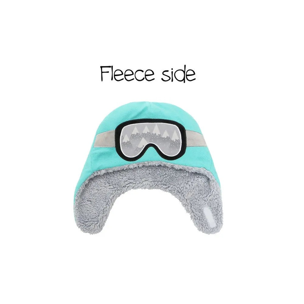 FLAPJACKKIDS Reversible Sherpa Hat turquoise exterior, gray lining, ski goggles graphic