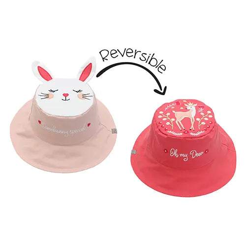 Flapjackkids Reversible Kids Sun Hat Bunny & Deer, beige bunny side reverses to red deer side, dual design.