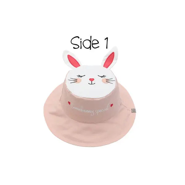 Flapjackkids Reversible Kids Sun Hat Bunny & Deer; pink brim under a cute white bunny-face with pink ears.