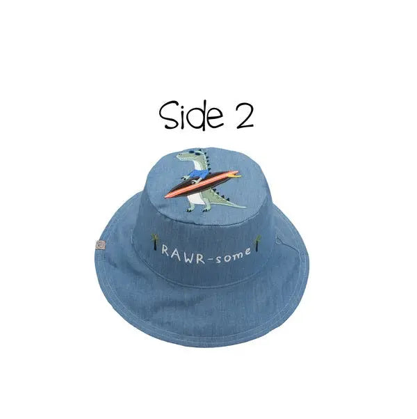 Flapjackkids Reversible Kids Sun Hat Dinosaur & Surfer Dino, blue denim, shows embroidered dino on crown.