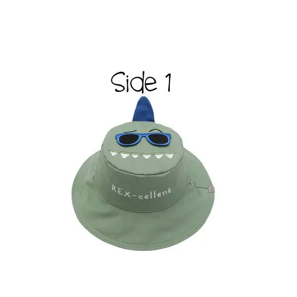 Flapjackkids Reversible Kids Sun Hat Dinosaur & Surfer Dino, green with blue sunglasses and dorsal fin.