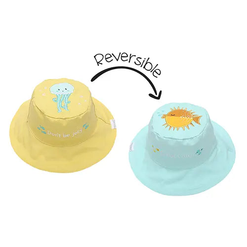 Flapjackkids Reversible Kids Sun Hat Fish & Jellyfish, yellow jellyfish side flipping to turquoise sun motif.
