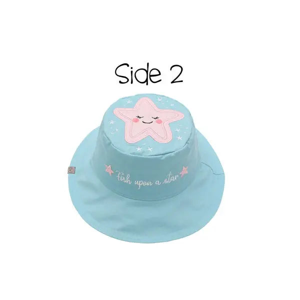 Flapjackkids Reversible Kids Sun Hat Narwhal & Starfish blue with pink smiling starfish top and starry accents