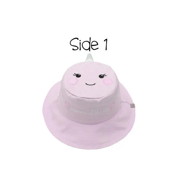 FLAPJACKKIDS Reversible Kids Sun Hat Narwhal & Starfish, pastel pink with embroidered narwhal/starfish and wide brim.