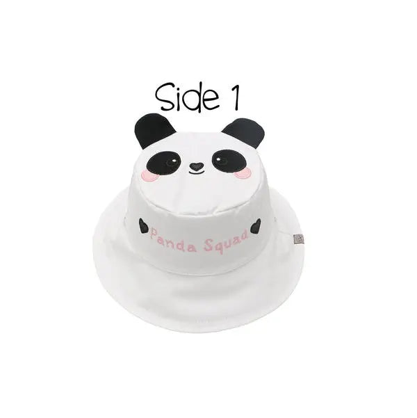 Flapjackkids Reversible Kids Sun Hat Panda & Koala, white with black ears and pink cheeks, brim visible