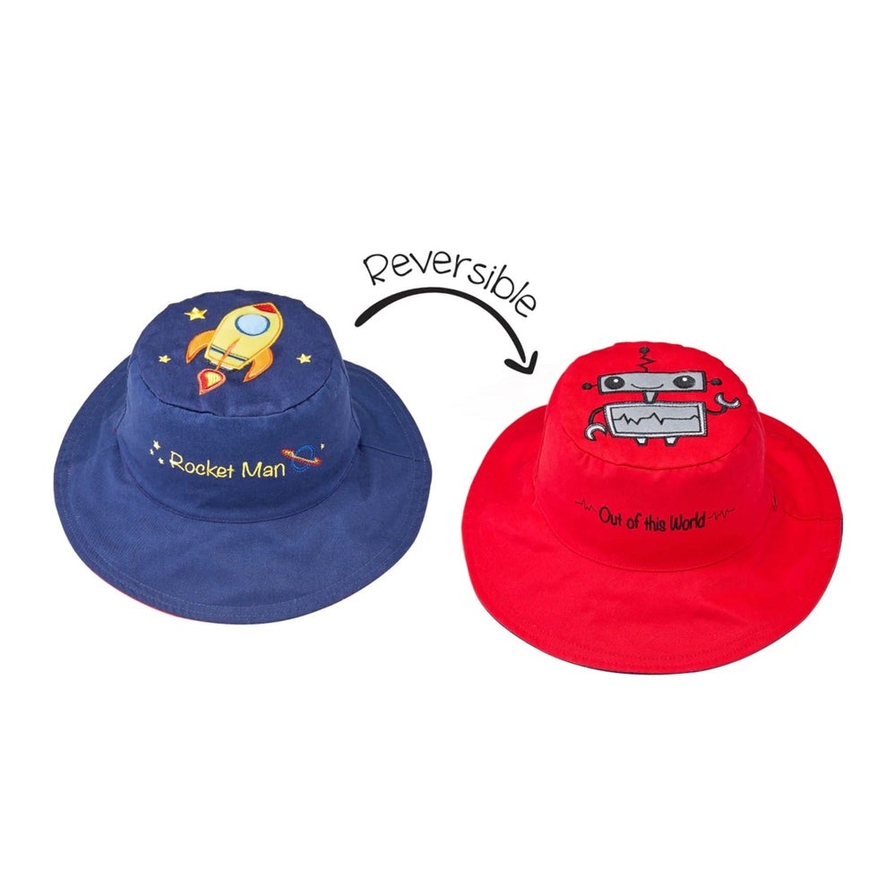 Flapjackkids reversible kids sun hat set: blue spaceship design and red robot design, 2 hats