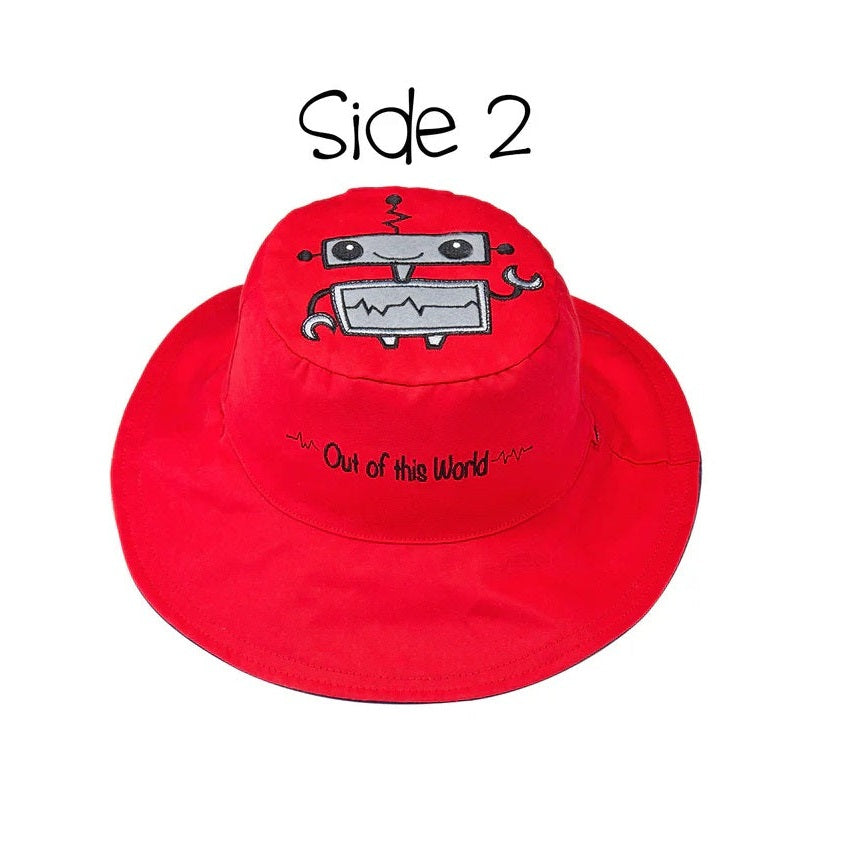 Flapjackkids reversible kids sun hat, red with robot and spaceship embroidery