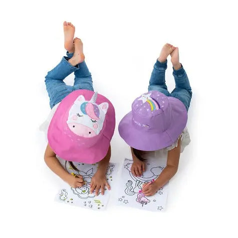Flapjackkids Reversible Kids Sun Hat Unicorn & Star, pink unicorn side and purple star side, two children coloring.