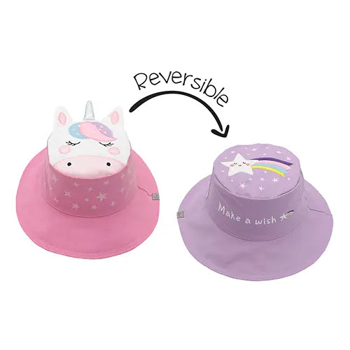 Flapjackkids Reversible Kids Sun Hat Unicorn & Star; pink unicorn side flipping to lavender star rainbow side.