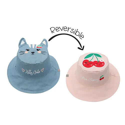 Flapjackkids Reversible Kids Sun Hat Cat & Cherry; blue cat side flipping to pink cherry side.