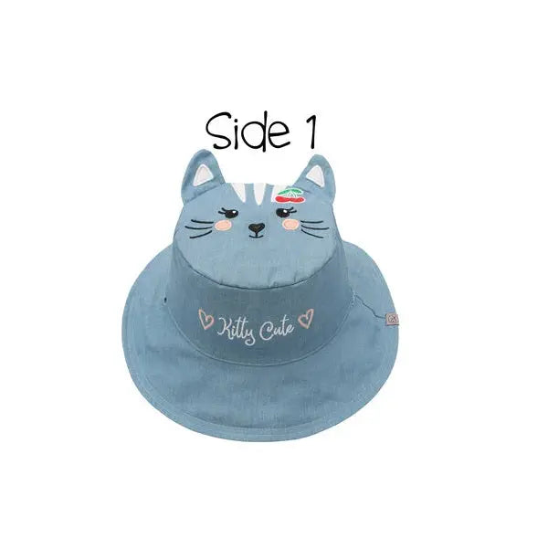 Flapjackkids Reversible Kids Sun Hat Cat & Cherry in blue, cat-face with cherry accent, side 1