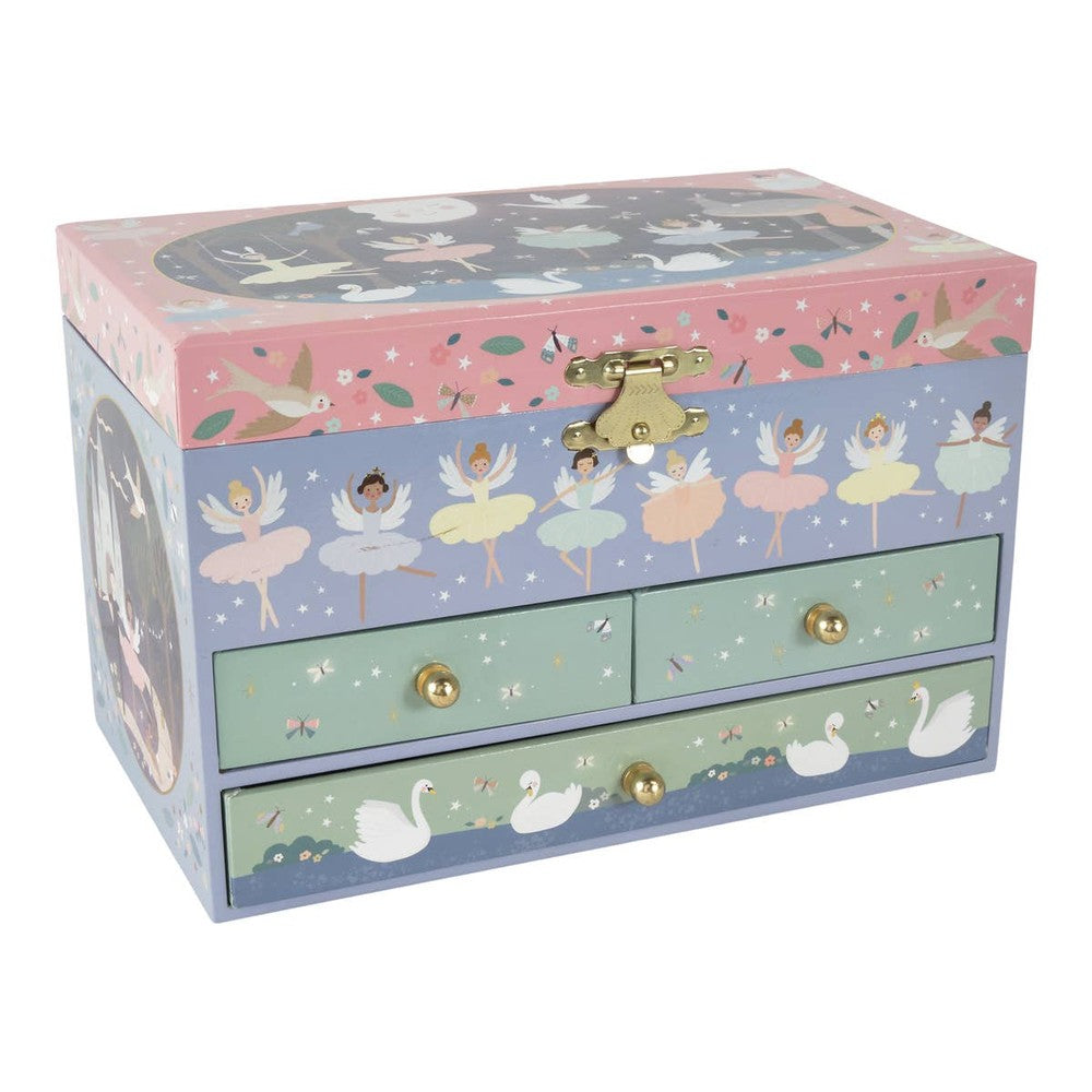 Floss and Rock jewelry box with 3 pastel drawers in pink, blue and green, ballet dancers and swans.