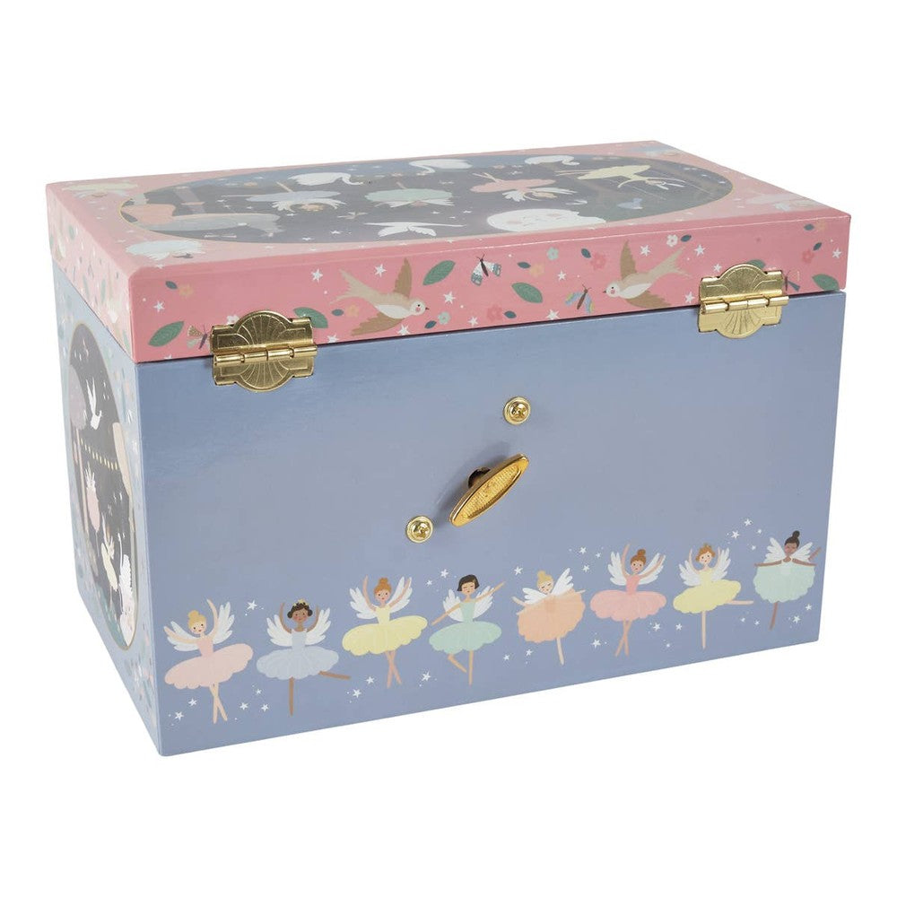 Floss and Rock jewelry box with 3 drawers, pastel blue body and pink lid featuring dancing fairies.