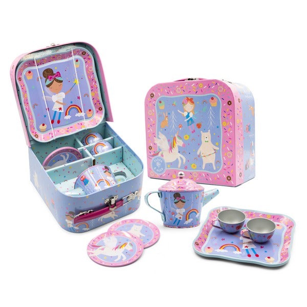 FLOSS AND ROCK 7pc Tin Tea Set Rainbow Fairy; pastel pretend-tea ware with teapot, cups, saucers for imaginative play.