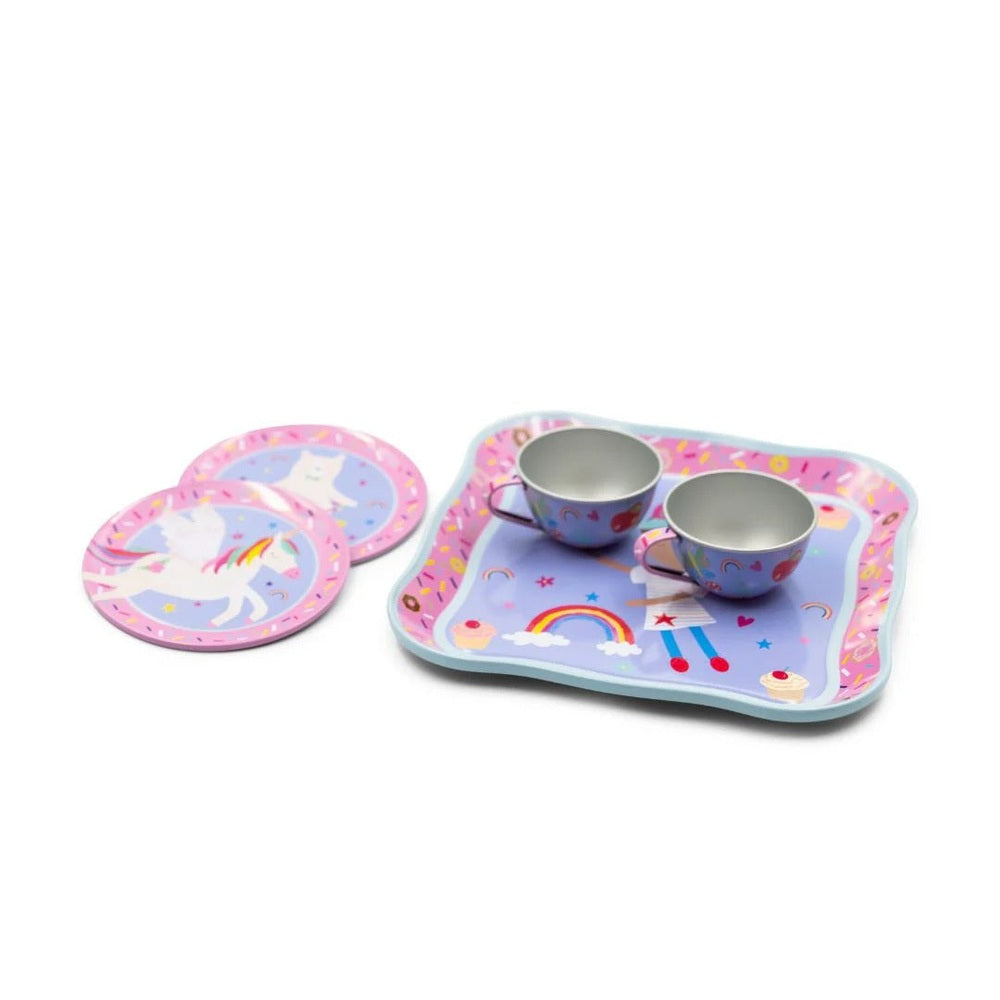 FLOSS AND ROCK 7pc Tin Tea Set Rainbow Fairy; pink plates and tray with two metal cups ready for pretend tea.