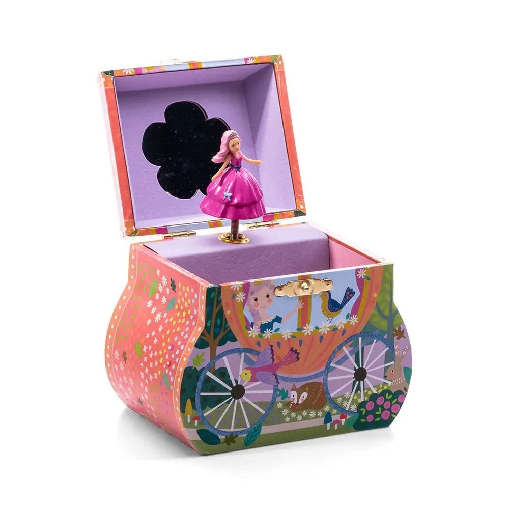 FLOSS AND ROCK Carriage Jewelry Box Fairy Tale; pink carriage opens to reveal purple interior and a tiny princess figure.