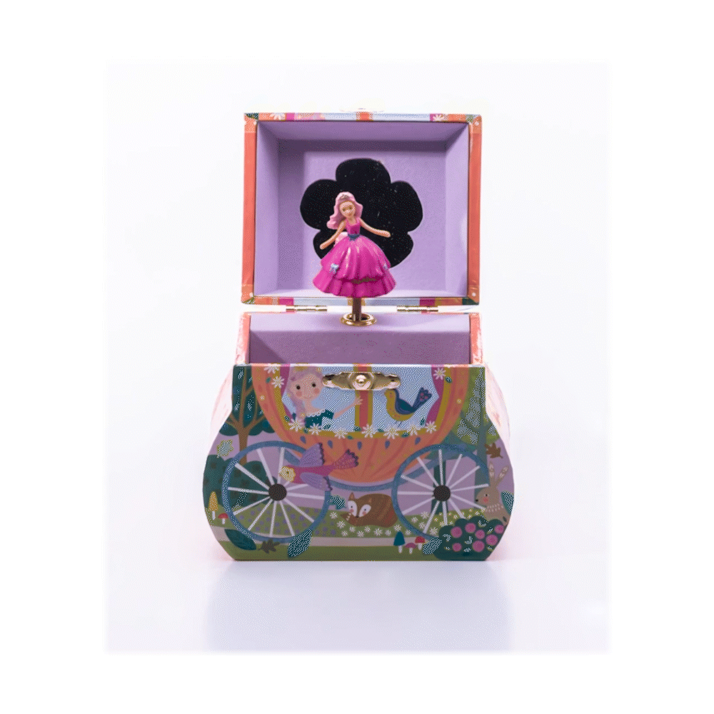 Floss And Rock Carriage Jewelry Box Fairy Tale, colorful carriage opens to reveal a pink princess figurine inside.