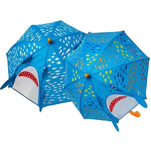 Floss and Rock color-change 3D shark umbrella set (2), bright blue canopies with fish prints and shark-mouth accents