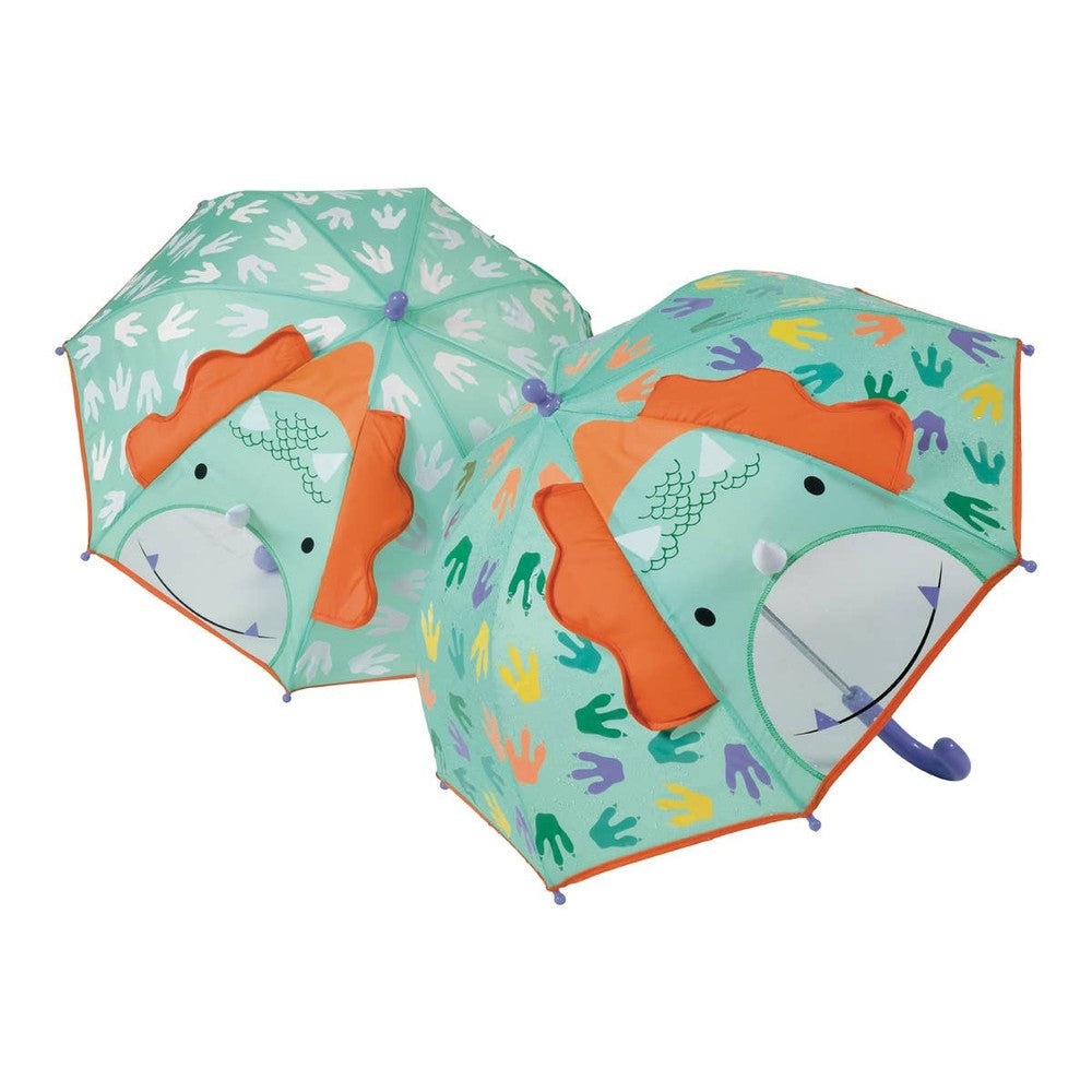 Floss and Rock kids' 3D dinosaur umbrella set, mint green with orange frill, colorful hand prints, 2 umbrellas