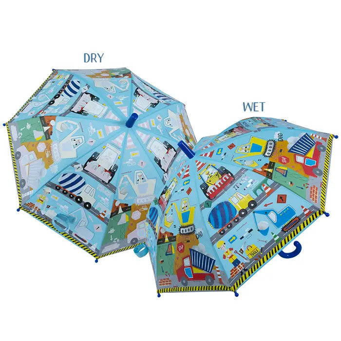 Floss and Rock color-change construction blue umbrella for kids; two patterned umbrellas shown.